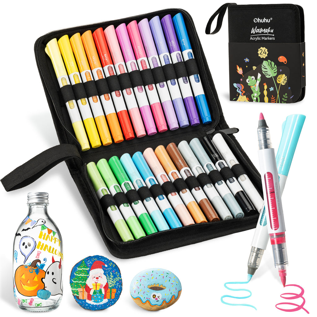 Ohuhu 24 Colors Brush & Bullet Automatic Ink Control Acrylic Markers - Waimoku best price