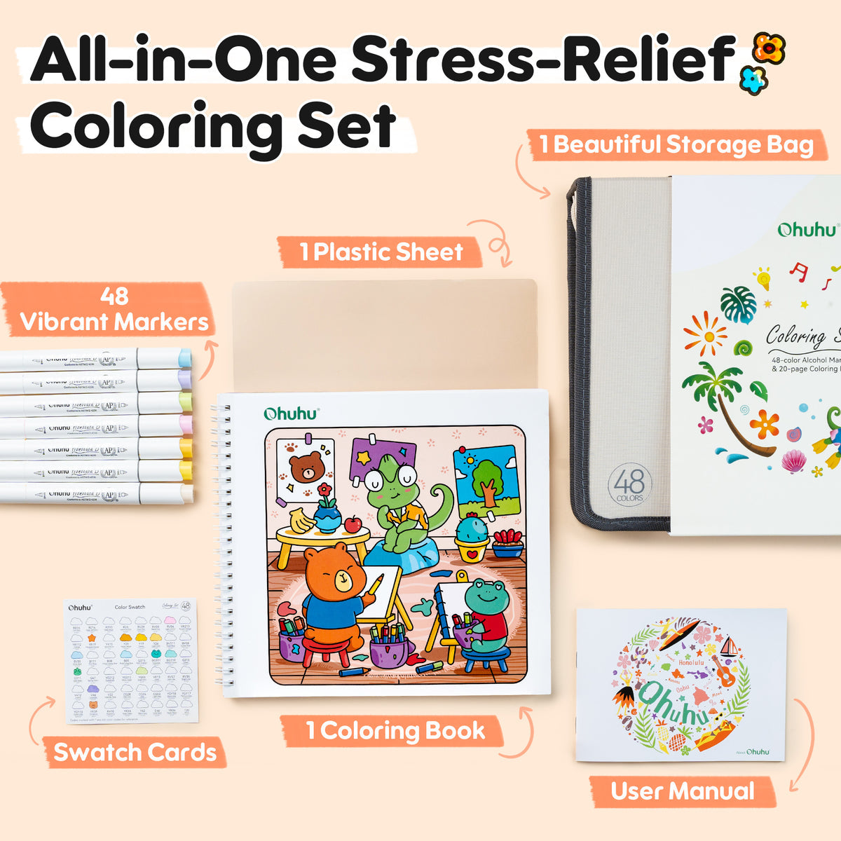 Ohuhu Honolulu B 48 Colors Alcohol Markers with Coloring Book free delivery